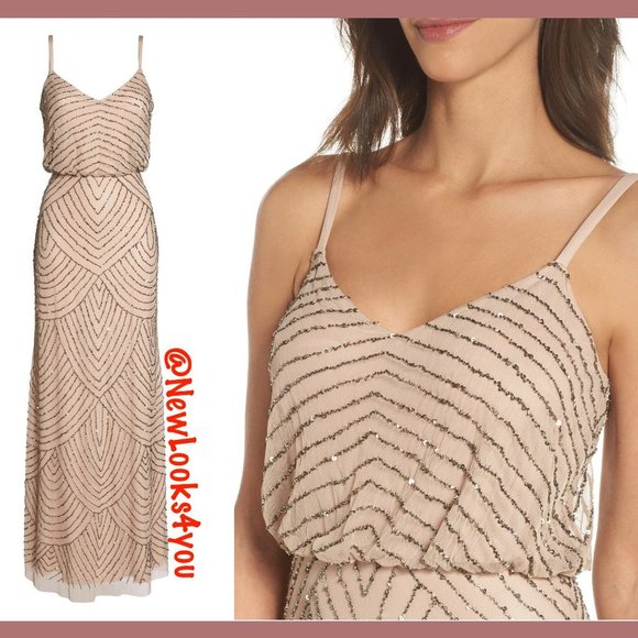 NEW Adrianna Papell‎ Art Deco Beaded Blouson Gown in Taupe Pink [SZ 10 12 14 ] - Picture 7 of 11
